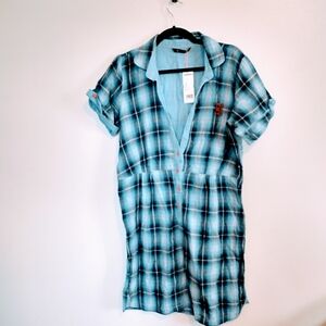 Plaid Button-Front Midi Dress in Light Blue